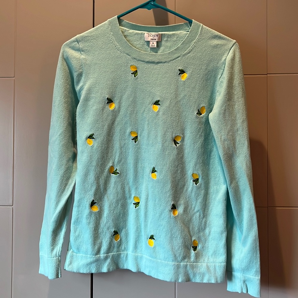 JCrew teddie sweater, lemon print, size S